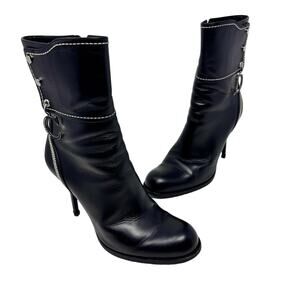 Christian Dior Galliano Y2K Black Leather D Charm Whipstitch Moto Boot 38.5